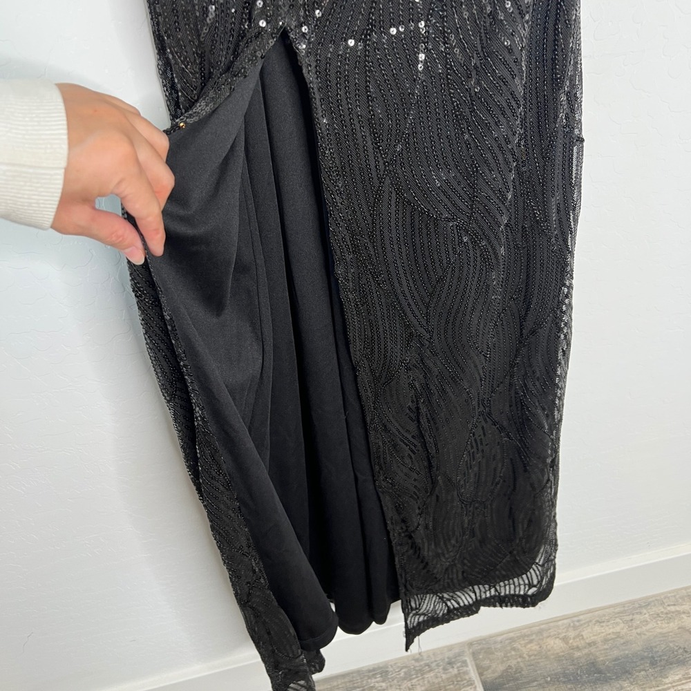 Violet Weekend Gown Juniors 1/2 Black One Shoulder Sequin 3D Floral Slit 65741J - Picture 6 of 13